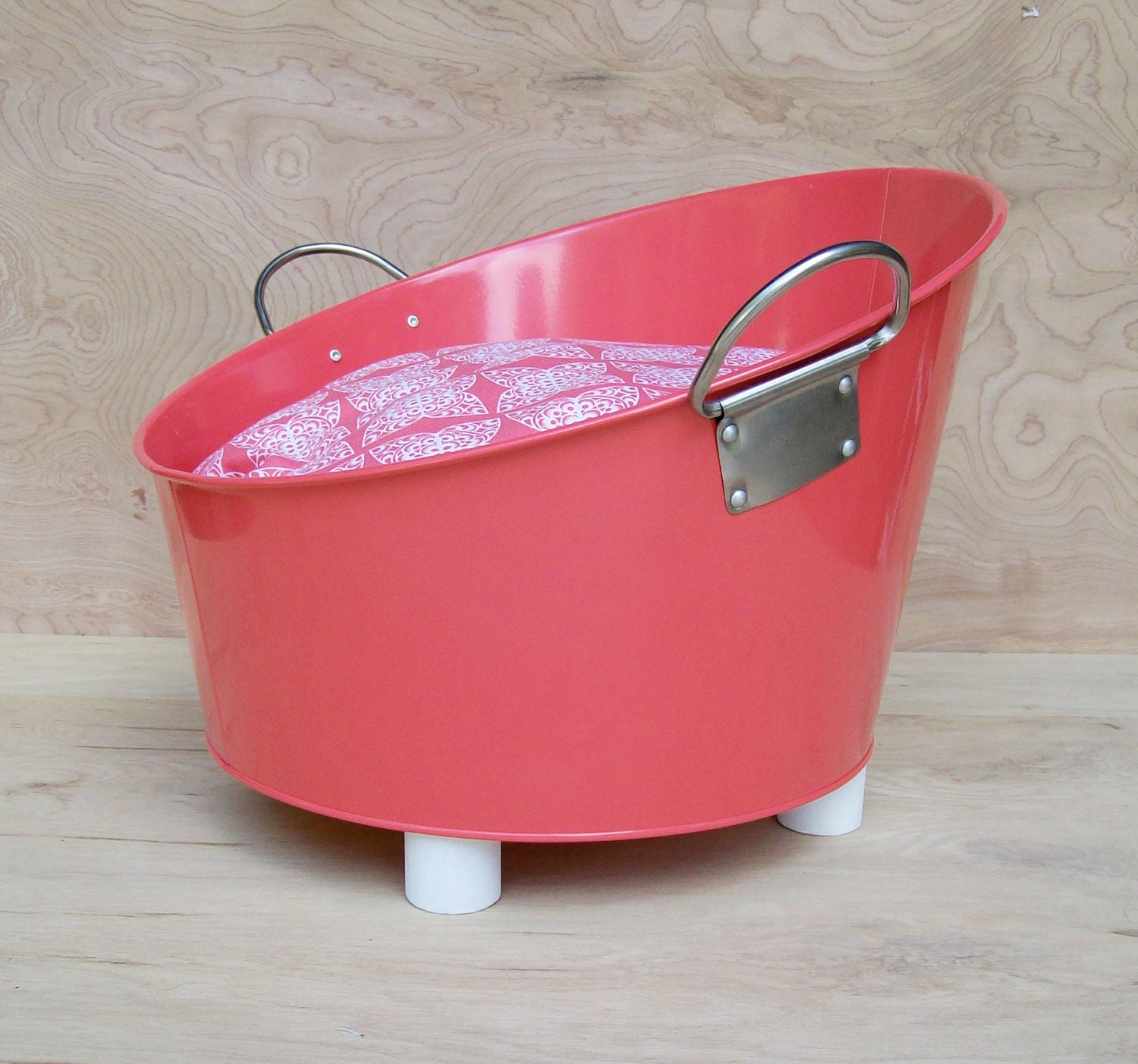 10 DOLLARS OFF - Industrial Style Cat Bed with Soft Pillow and Handmade Legs - Coral Red Metal Tub With White and Coral Red Pillow