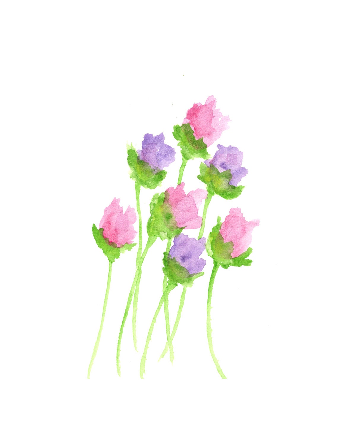 Watercolor flower painting, flower art,  pink purple floral, flower buds original painting-5X7