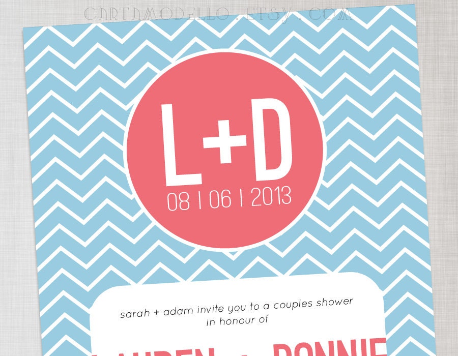 Printable Couples Shower Invitation in Blue and Pink Chevron Pattern