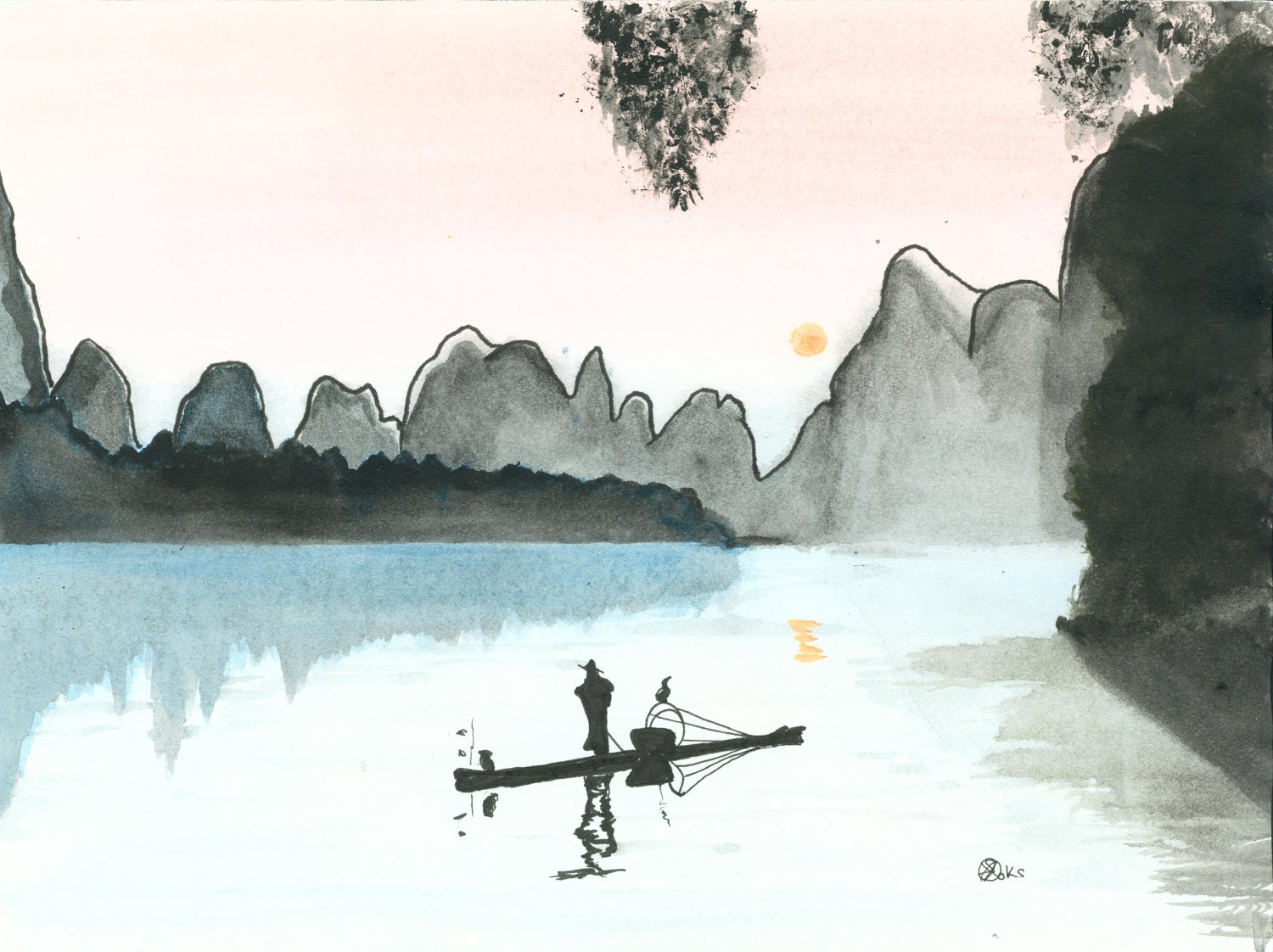Original Watercolour Painting - "Chinese Fisherman" - 9x12 - Sunset Scene, Water, Boat, Blue, Black, Pink