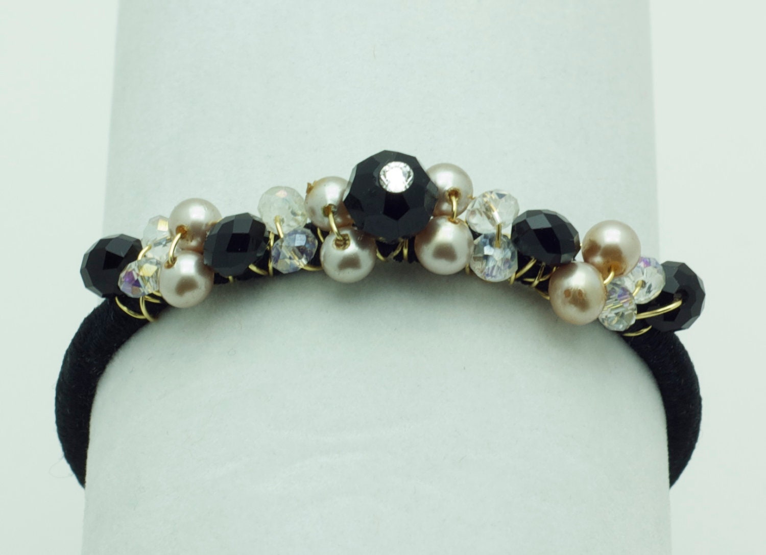 Bridal hair,Pearl and crystal beaded ponytail holder elastic band in Vintage Pearls, crystals and Rhinestone detail.
