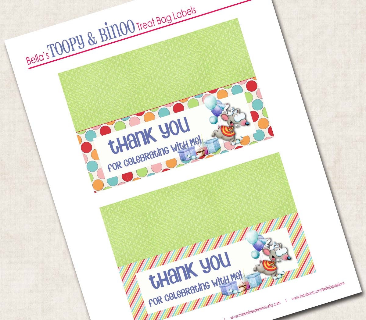 Toopy and Binoo Birthday Party Foldable Treat Bag Hang Tags (Digital File)