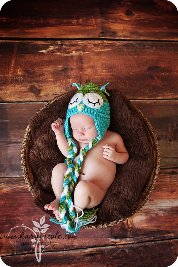 Crochet Baby Hat Blue and Green Owl Baby Boy Photography Prop