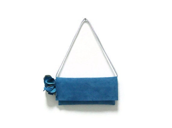 Turquoise Suede Clutch with Flowers Handles Belt