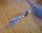 Belly Button Ring - Body Jewelry - Feathers and Purple Gem Belly Button Ring