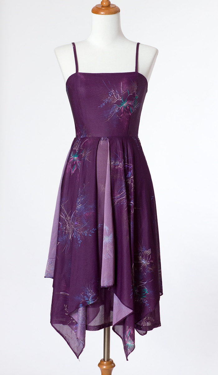 70s Vintage Dress Purple Floral Print Vintage XSmall