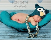 Baby Teal Owl Earflaps Hat - Crochet Newborn NB Beanie Boy Girl Costume Halloween Thanksgiving Christmas Winter Photo Prop Cap