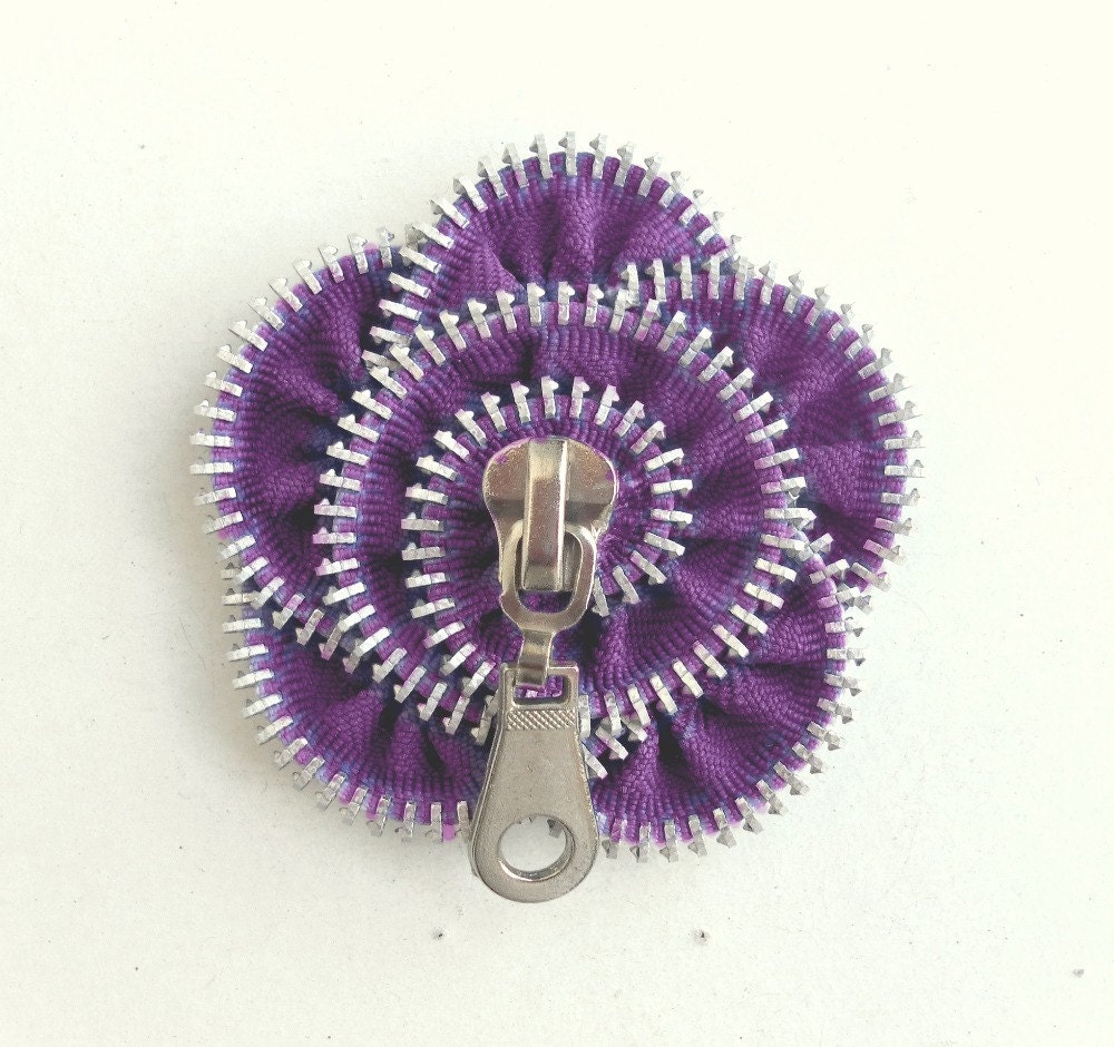 Flower Brooch, Zipper Pin, purple, Approx 2,6 in/ 6,5 cm.  - eco friendly,recycled jewelry