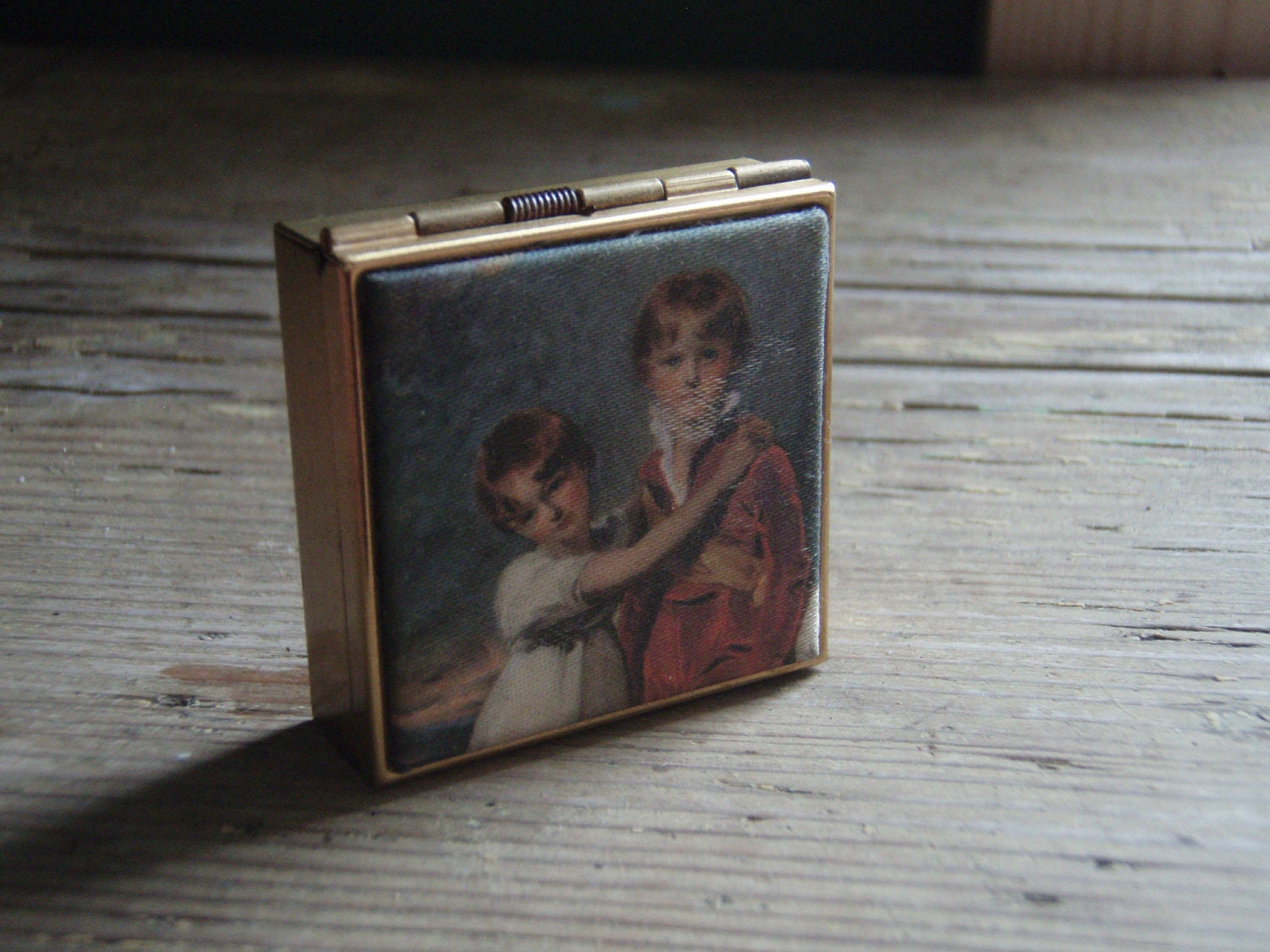 Vintage Pill Box - Metal with fabric lid.