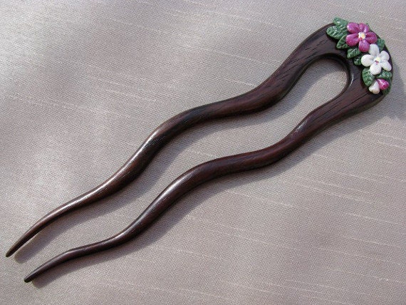 Handcarved rosewood and polymer clay hair fork (purple dreams)
