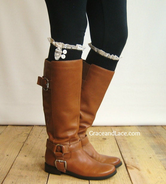 The Milly Lace - Black Cable-knit Boot Socks w/ Ivory Lace Ruffle & ivory buttons (item no. 5-2)