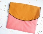 Ipad case / sleeve,  color block coral and orange, glitter grey piping
