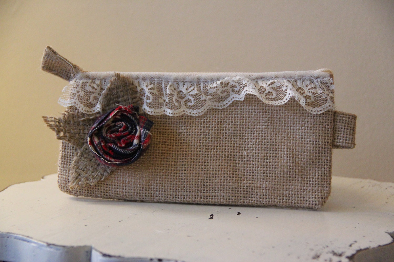 Rustic Burlap, Lace and Plaid Flower Pouch