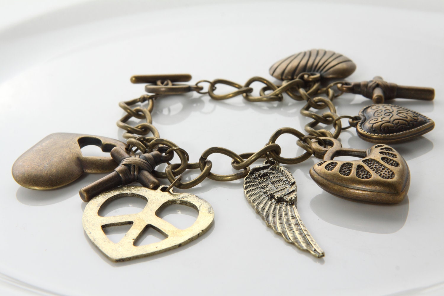 Charm Bracelet Vintage Peace Wings Heart