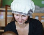 Felted wool white beret with brown rose for women - felted hat - white brown - made to order - spring hat