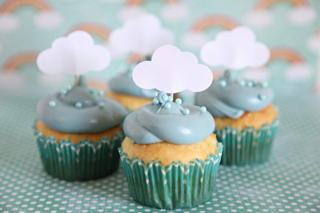 Baby Shower Theme, Cloud Cupcake Toppers, Rainy Day theme, Showers, up up and away theme,12 cloud toppers