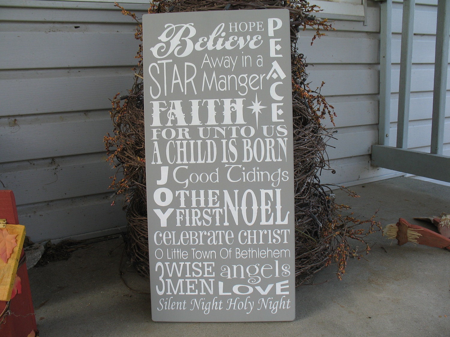 Christmas -- Painted Wooden Subway Art Sign -- Believe - Faith - Joy - Away in a Manger