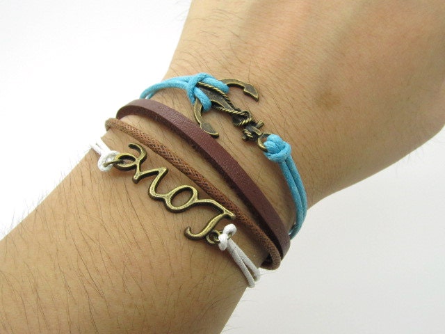 Bronze leather bracelet  Anchor bracelet made of brown leather cord and  cotton rope  LL593