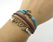 Bronze leather bracelet  Anchor bracelet made of brown leather cord and  cotton rope  LL593