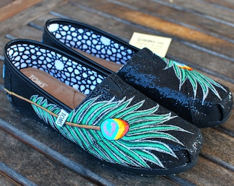 Hand Painted Black Glitter Peacock Feather TOMS shoes