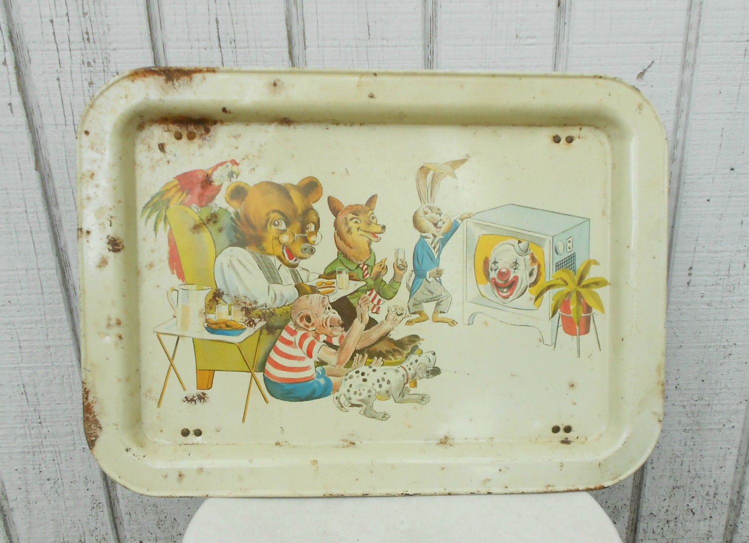 Vintage TV Tray Animals watching TV Weird Animal Lap Tray Crazy Children's  Hospital Tray