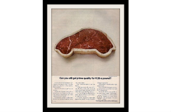 VOLKSWAGEN Beetle Bug Meat  Photo Ad "Prime Quality" Vintage Advertising Wall Art Decor Print