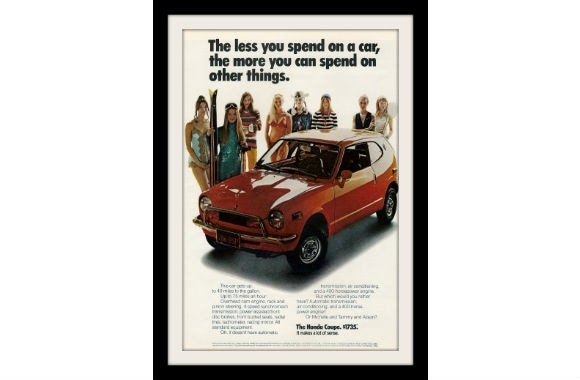 HONDA COUPE 1972 Red Car Photo Ad "Less Spend On" Vintage Advertising Wall Decor Art Print