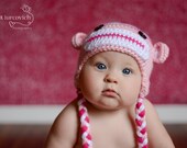 Pink Sock Monkey Hat, Baby Girl Hat, Valentines Croceht Newborn Photo Prop