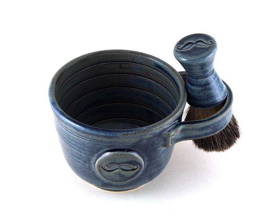Mens Shaving Set, Blue Mustache Shave Mug, Black Badger Hair Shave Brush and Shave Soap, Shaving Bowl, Gift for Men, Best Man, Father's Day