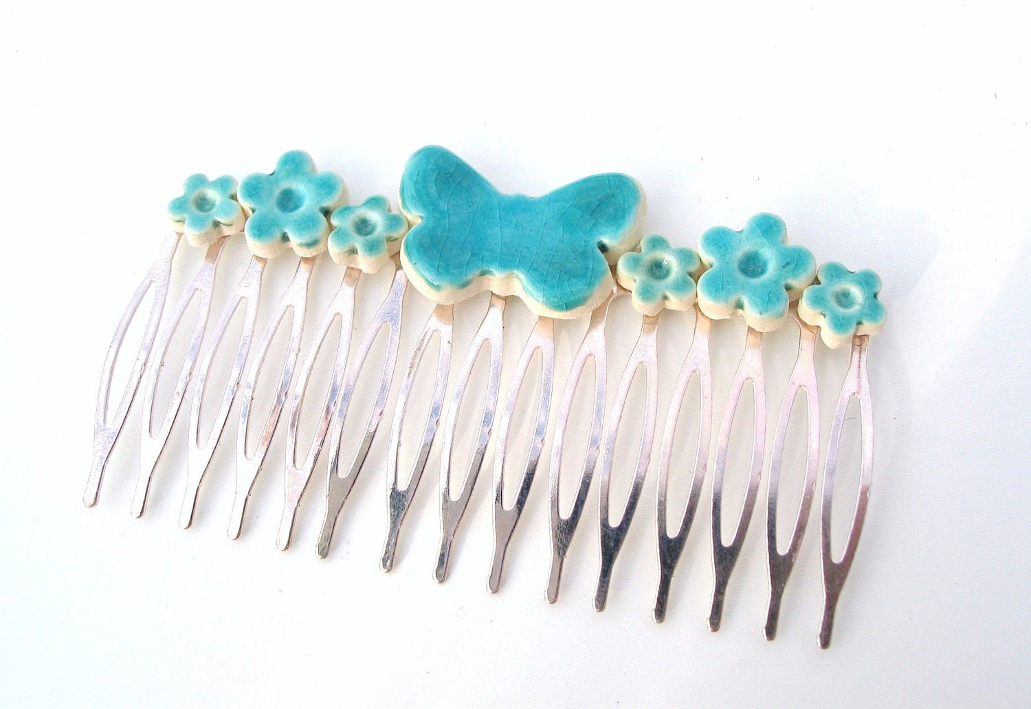 Turquoise hair comb butterfly flower silver tone Wedding accessory Summer time Bridesmaids