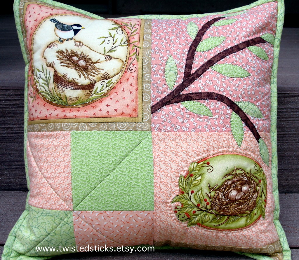 Quilted pillow Throw pillow, nesting birds, pinks and greens