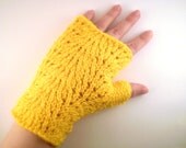 Canary yellow fingerless knit gloves , yellow gloves