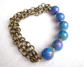 Chunky Stretch Bracelet Antique Brass Chain and Turquoise Confetti Glass Beads