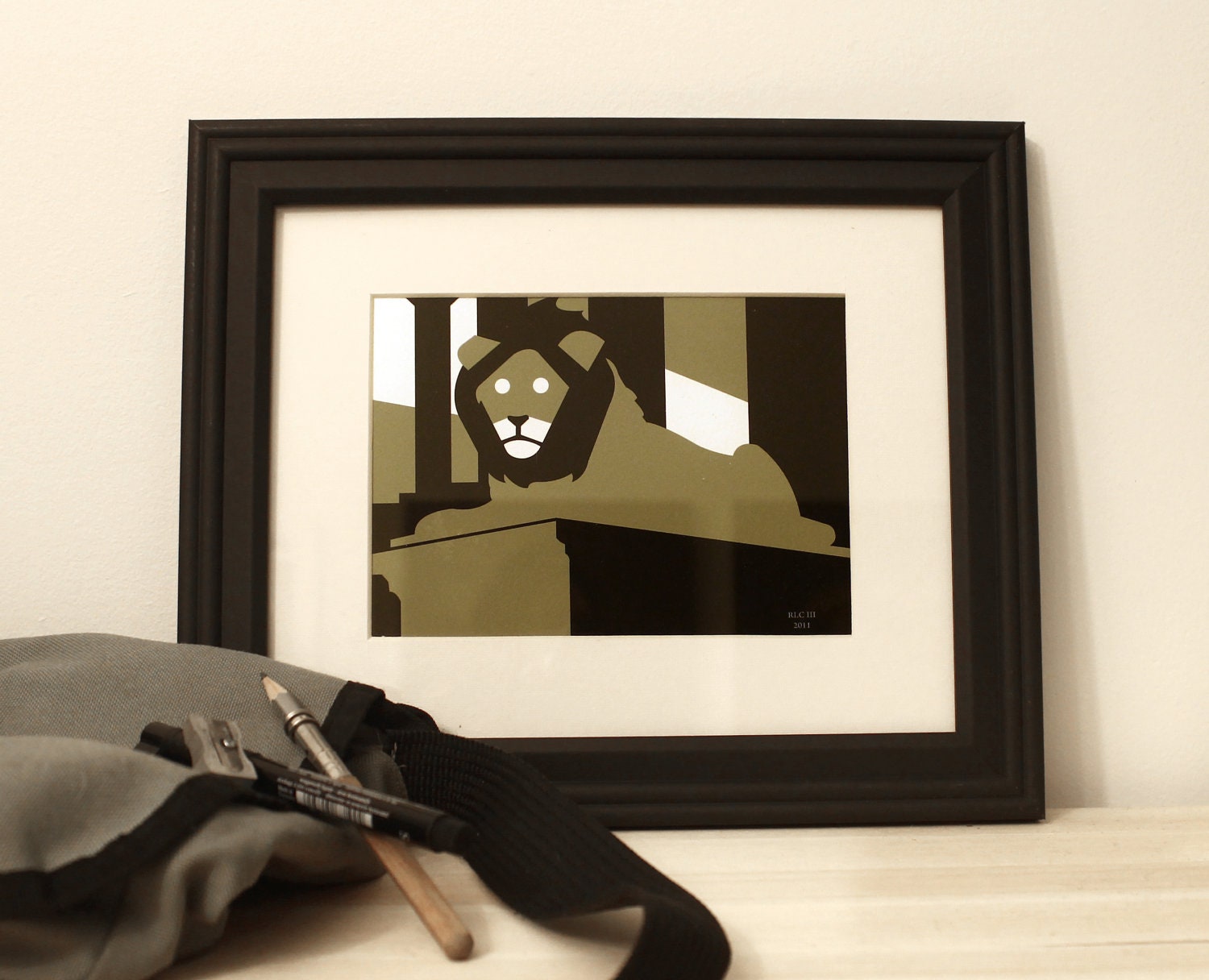 Lion Giclee Art Print - Animal Zoo Artwork - Mens Decor - Statue Silhouette - Green and Black 8x10