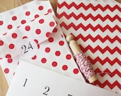advent calendar, red polka dot & chevron bags, stickers, twine