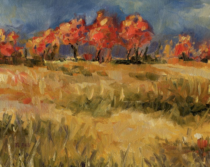 Fine Art Print- Autumn Fields Landscape - Oil Painting- Fall Trees Leaves Wheat Grass- Stormy Sky- Burnt Orange- 8X10 Art Print
