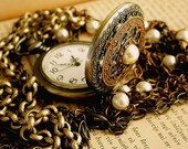 Pearl Pocket Watch Necklace Pendant - Antiqued Brass  and Swarovski Pearls - Vintage Style Victorian Locket Jewelry