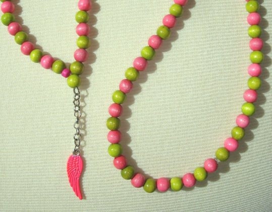 Handmade neon green and  pink necklace with  metal Wing