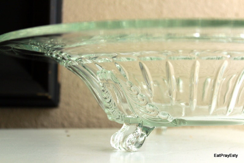 VIntage Footed Glass Dish Etched Glass Bowl
