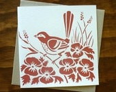 hand printed blank greeting card - wren bird in watermelon pink