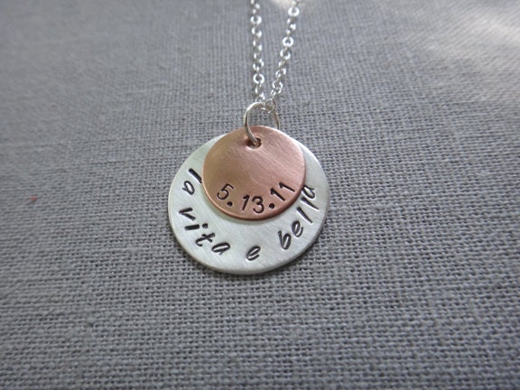 La vita e bella italian quote travel necklace - custom engraved initial charm on mixed metal discs, handwritten font