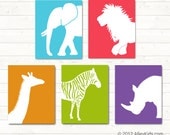 Jungle Animal Wall Art Prints Elephant, Zebra, Giraffe, Rhino, Lion Nursery Art Pick any 3