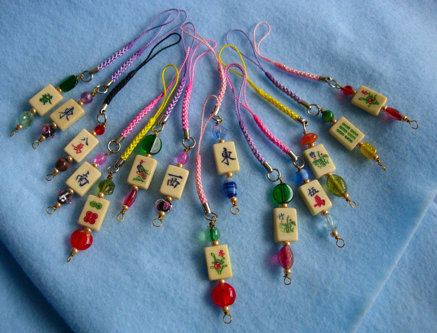 Mahjong Mah Jong Mah Jongg Mini-Tile Beaded Cell Phone Charm with Braided Lanyard -  Free Shipping