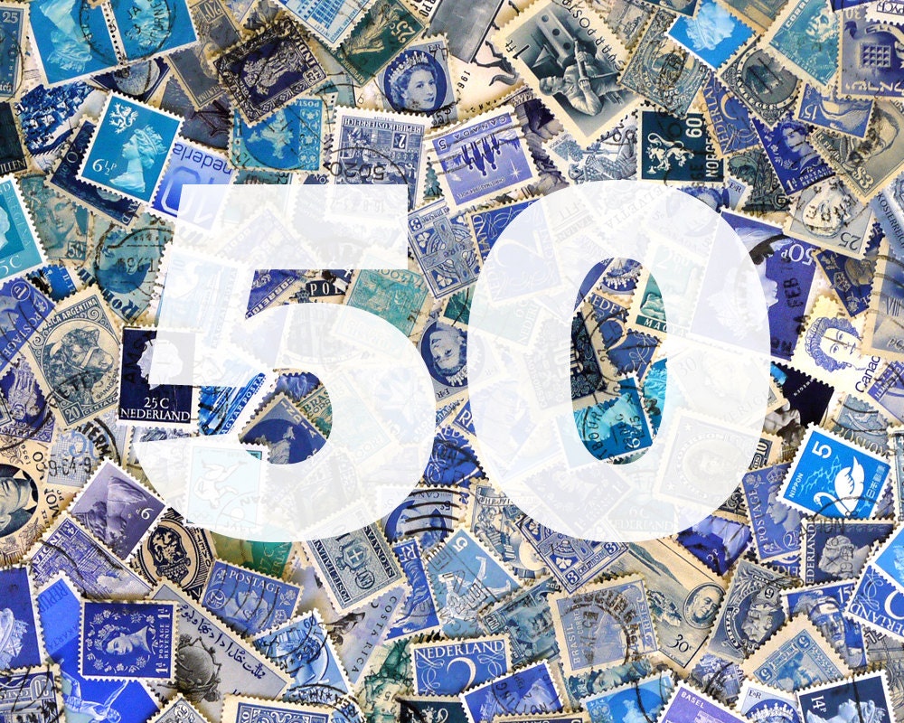 BLUE COLLECTION - 50 vintage USED International postage stamps in blue, navy, aqua, teal - use in scrapbooking, crafts, collages, etc