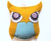 Felt Owl Ornament--Mustard Yellow, Purple, and Teal