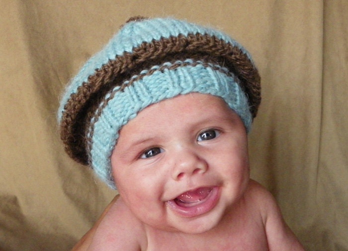Winter baby boy hat Beret Newborn to 6 months baby boys blue and brown ready to ship