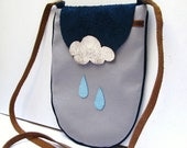 Crossbody,Shoulder, Sling Bag in Grey Gray with Cowhide Leather Strap and Leather Rain Drops & Cloud, Navy Nubuck Flap