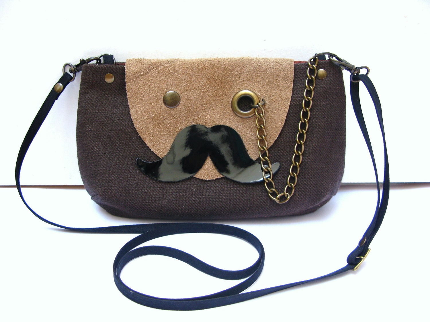 Mr. Mustache with Monocle Brown Cotton Cross Body Clutch Purse with Adjustable Detachable Faux Suede Strap Askidas