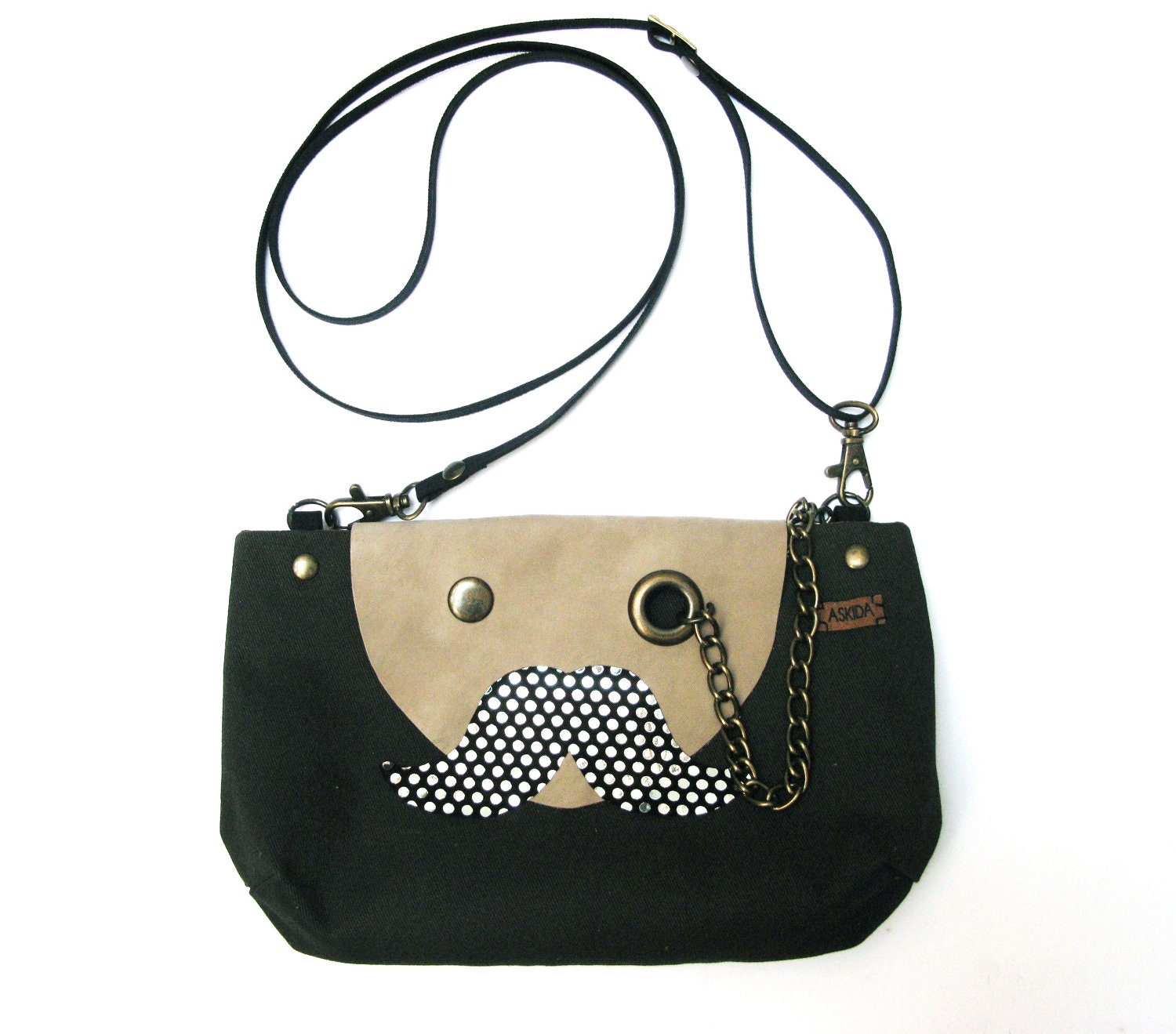 Mr. Polka Dot Mustache with Monocle Brown Cotton Cross Body Clutch Purse with Nubuck Leather Flap Adjustable Detachable Faux Suede Strap
