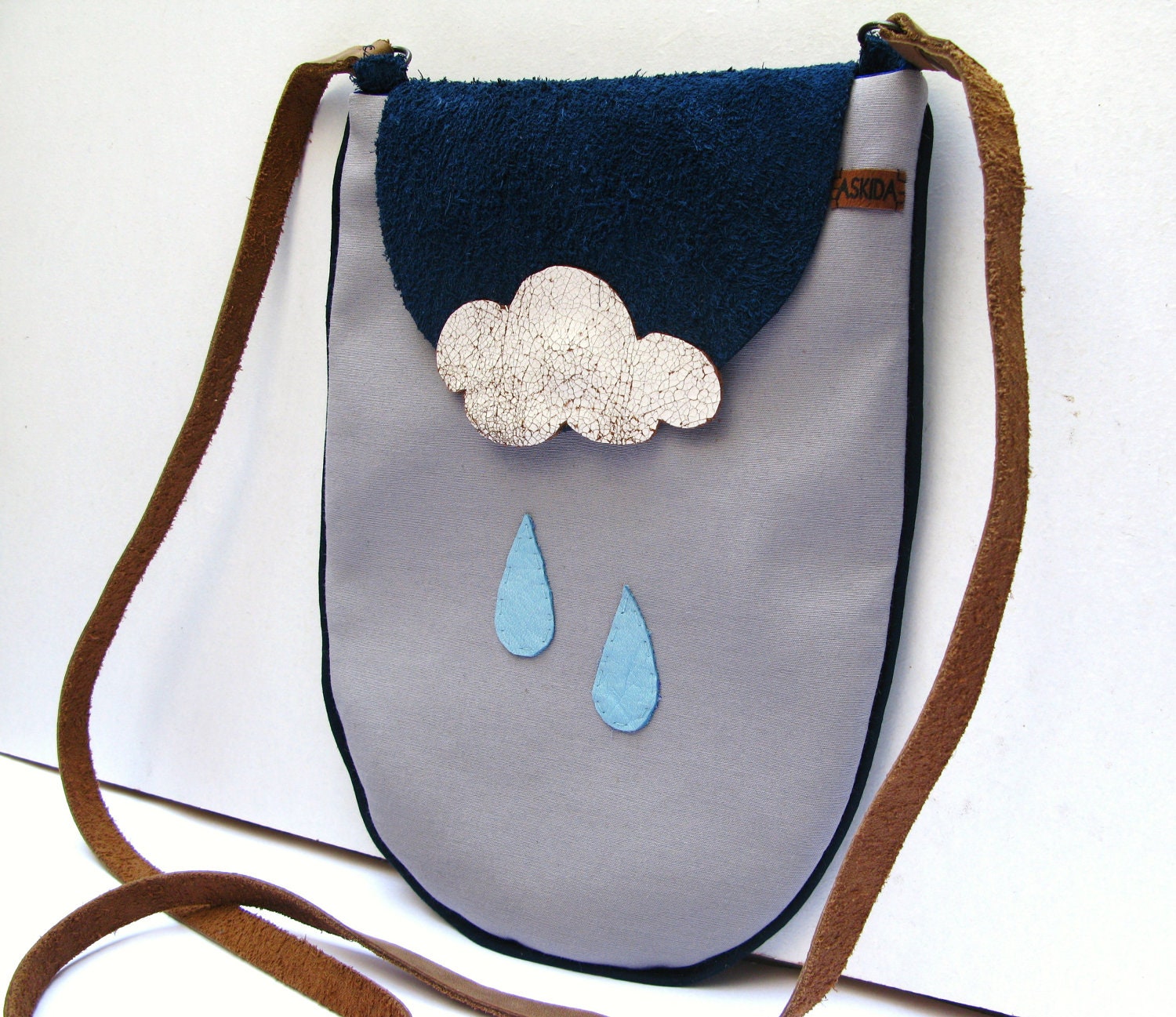 Crossbody,Shoulder, Sling Bag in Grey Gray with Cowhide Leather Strap and Leather Rain Drops & Cloud, Navy Nubuck Flap